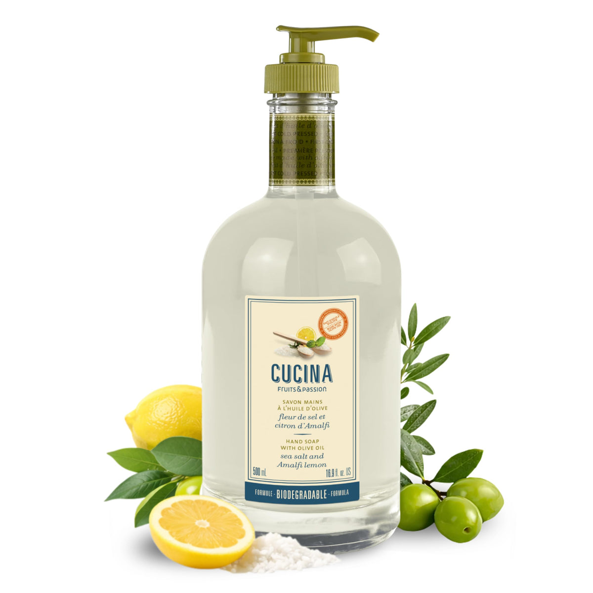 Fruits and Passion sea salt Amalfi lemon hand soap in dispenser, refreshing kitchen hand washing.