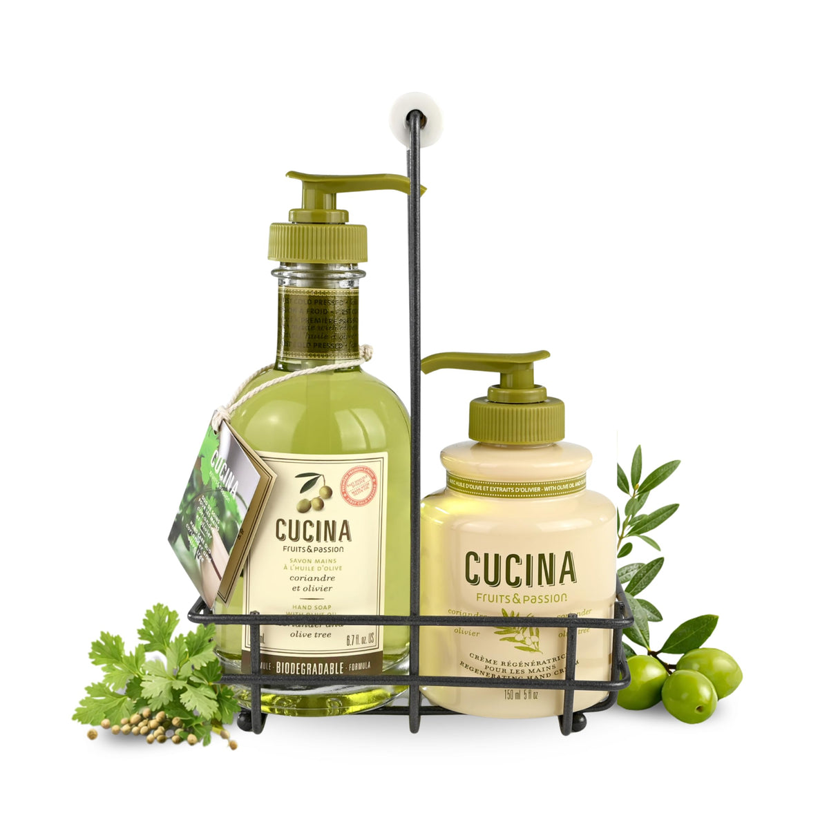 Fruits & Passion Cucina hand care duo bottle and cream for nourishing skin and kitchen-inspired aroma.