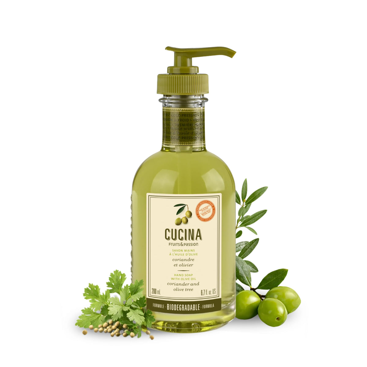 Fruits and Passion Cucina hand soap bottle with olive oil for gentle kitchen cleansing.