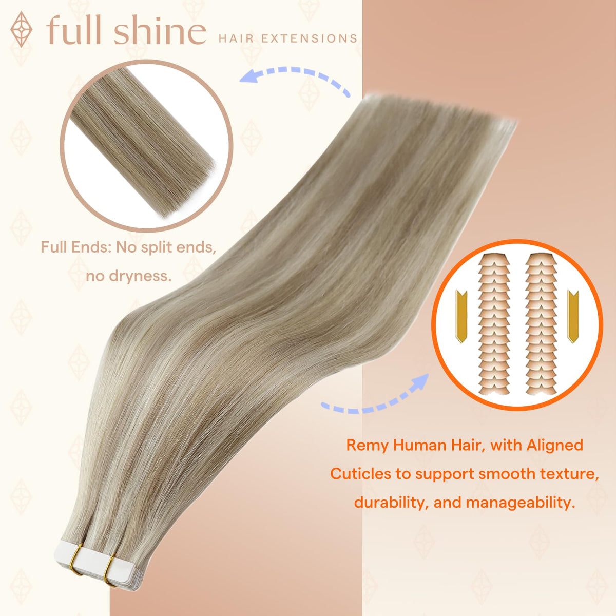Fshine extensions in ash blonde and 613 highlights under natural light