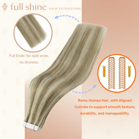 Fshine champagne blonde tape-in extensions blend naturally for a soft, natural look.