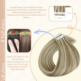Fshine Full Shine tape-in extensions 20in champagne blonde, lifestyle-ready styling for everyday use.