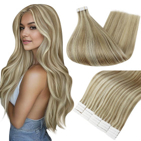 Fshine Full Shine tape-in extensions 20in desert blonde highlighted, natural blend for added length.