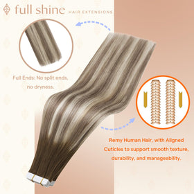Fshine Remy human hair tape-ins with preserved cuticles for smooth texture and shine.