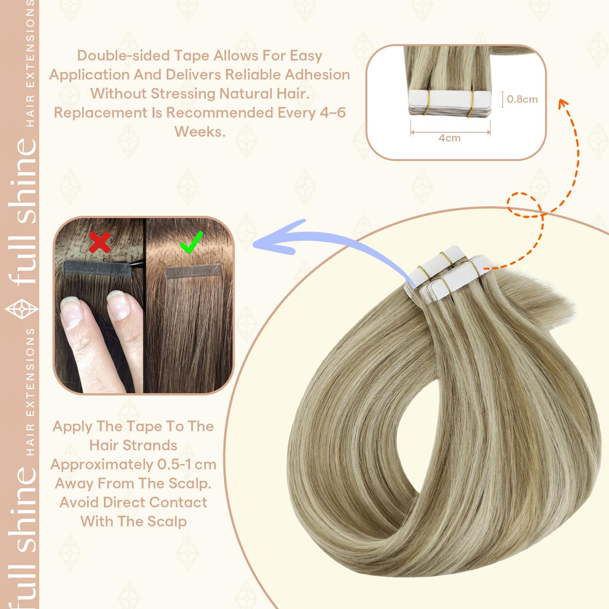 Fshine tape-in extensions with double-sided tape for secure attachment.
