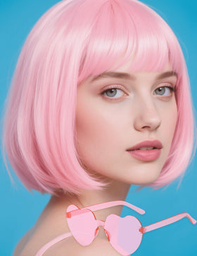 FSLLZCJY light pink bob wig with heart sunglasses for bold, photo-ready looks.