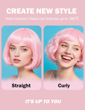 FSLLZCJY pink bob wig in motion highlights shine and natural bounce.