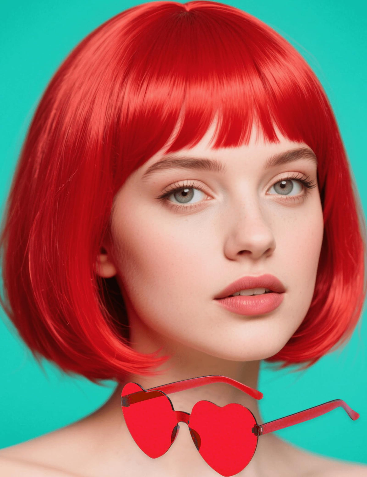 FSLLZCJY red bob wig with heart sunglasses perfect for cosplay and bold looks.