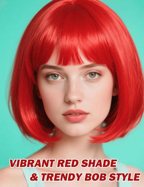 FSLLZCJY red bob wig heart sunglasses shown in a party pose.