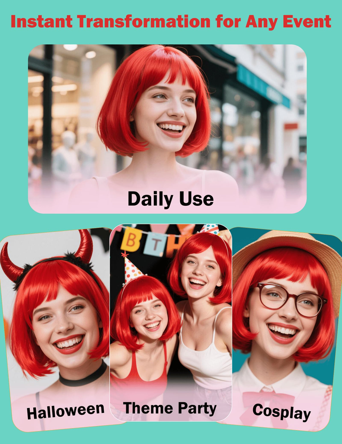 FSLLZCJY short red wig with heart sunglasses ideal for cosplay.