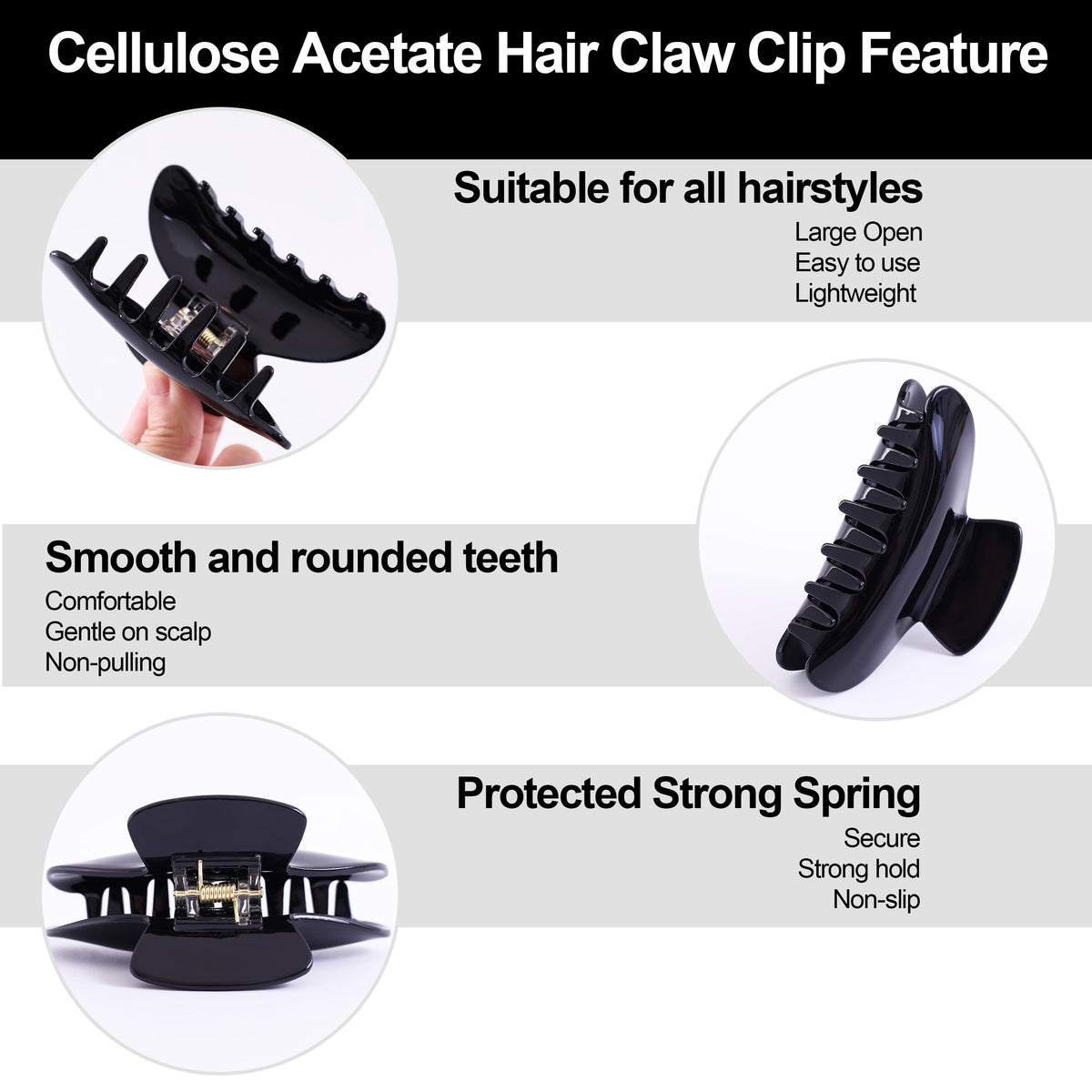 Fsmiling large jaw clip shown in use for versatile styles.