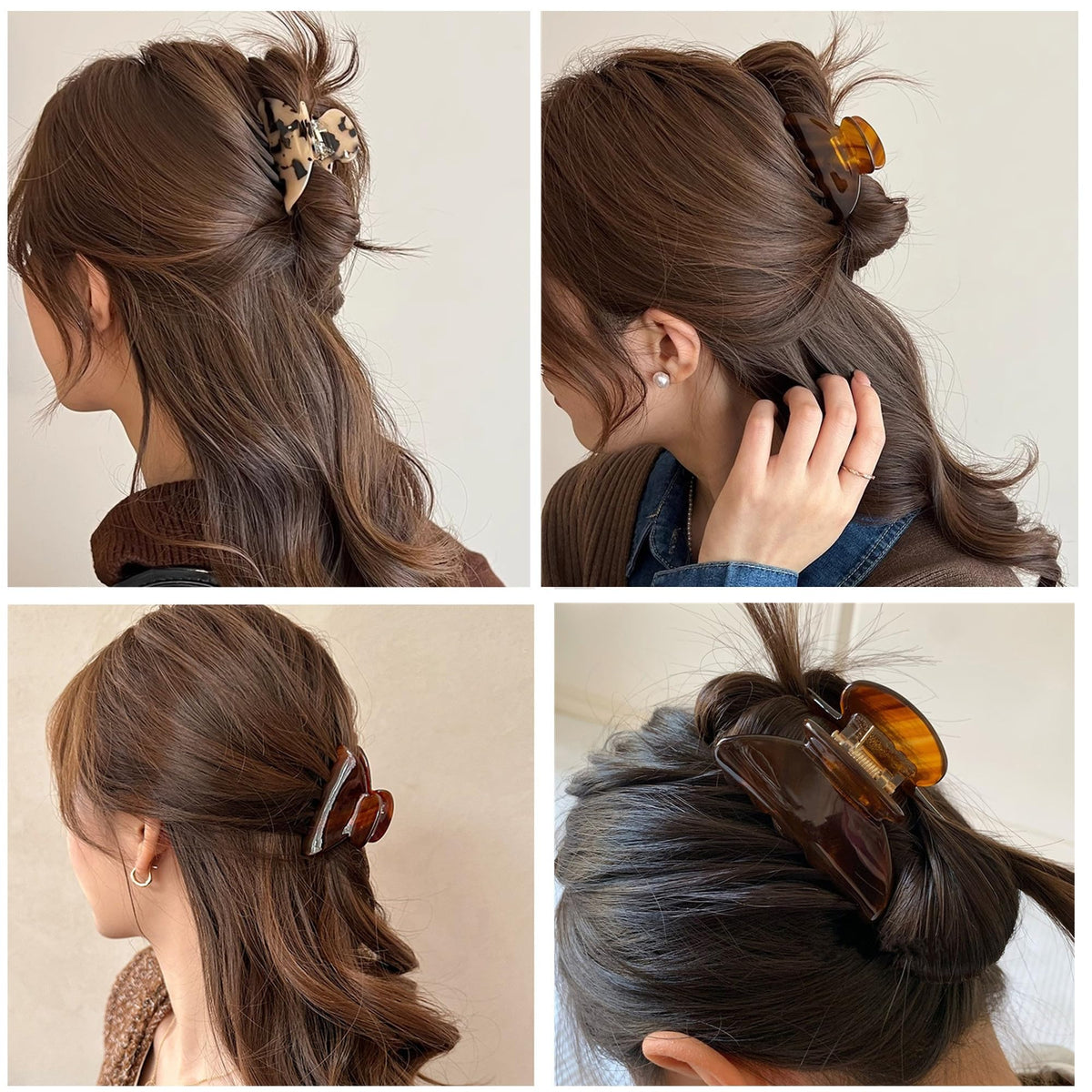FSMiling tortoise claw clip worn in hair demonstrates versatile styling options.