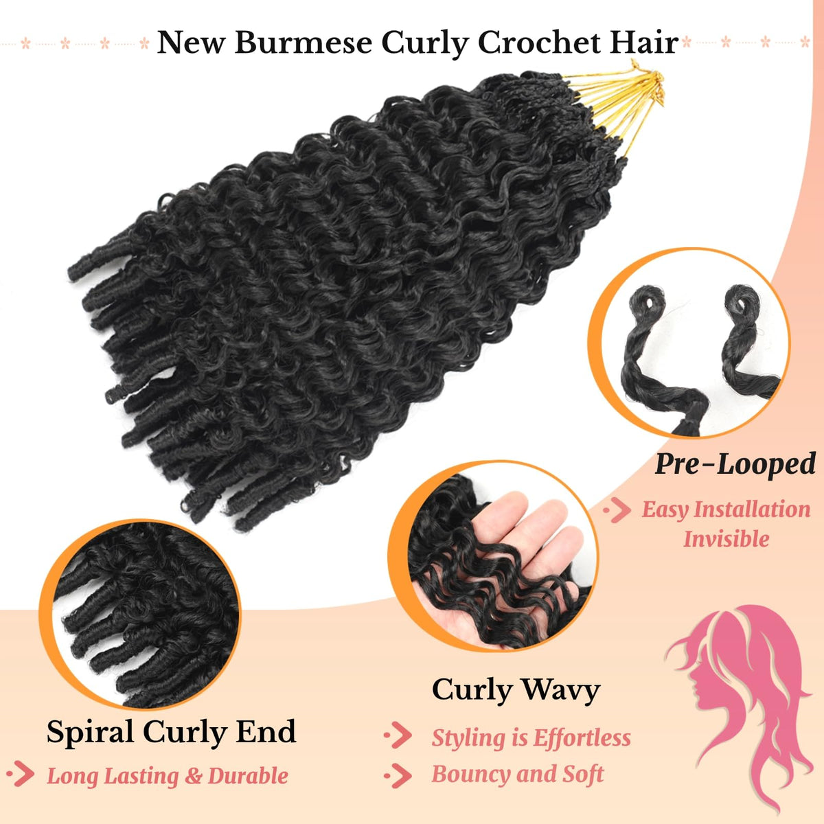 Crochet hair with spiral ends providing a natural-looking bounce