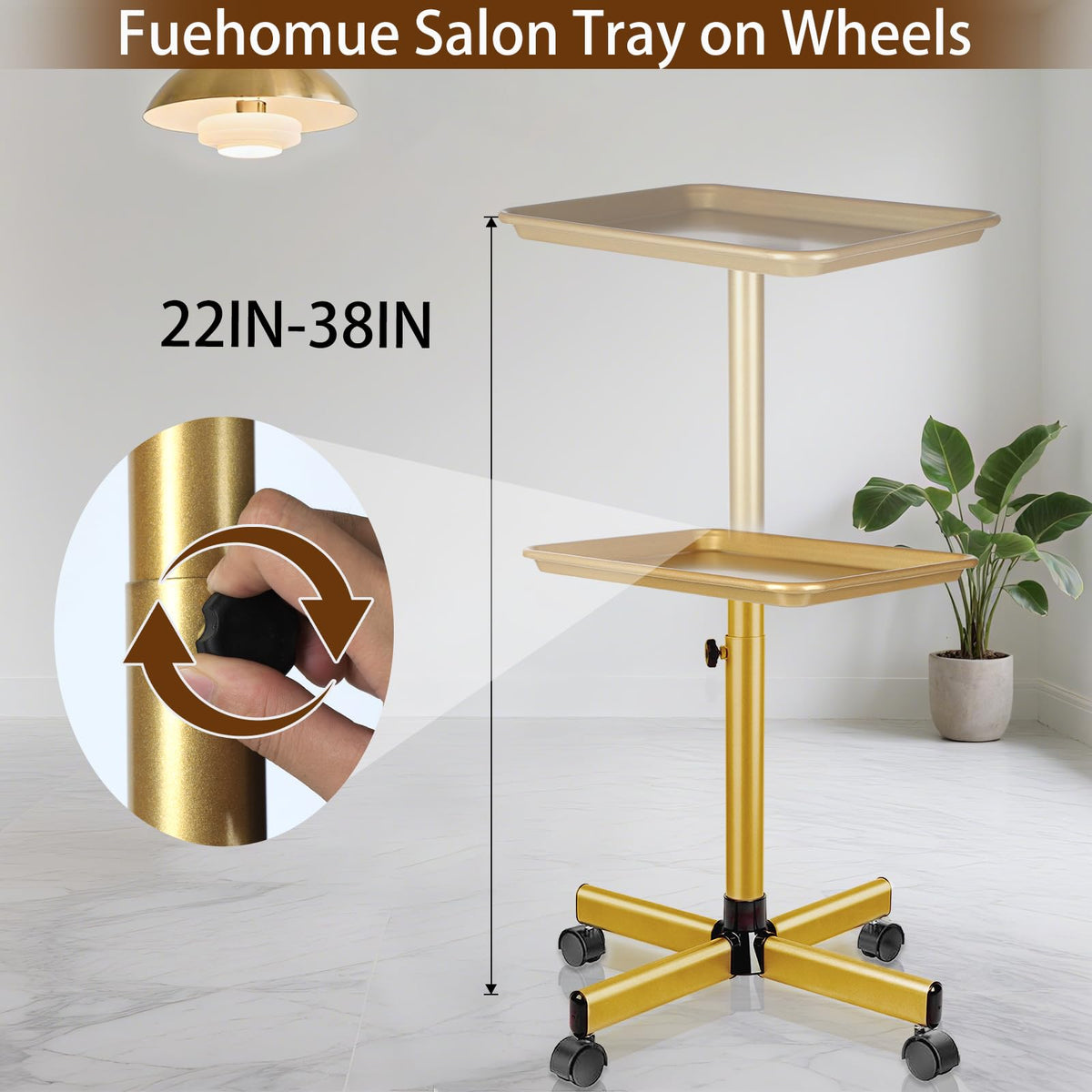 Fuehomue adjustable-height salon tray in use from 22 to 38 inches