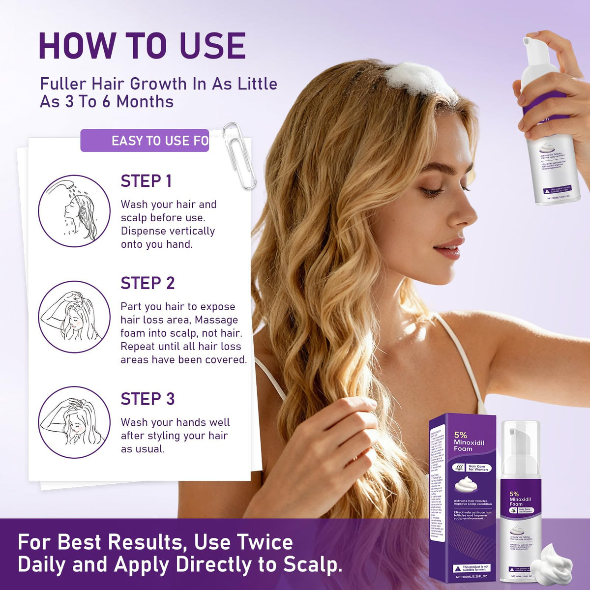 Fugit minoxidil foam women daily routine image emphasizes consistent use.