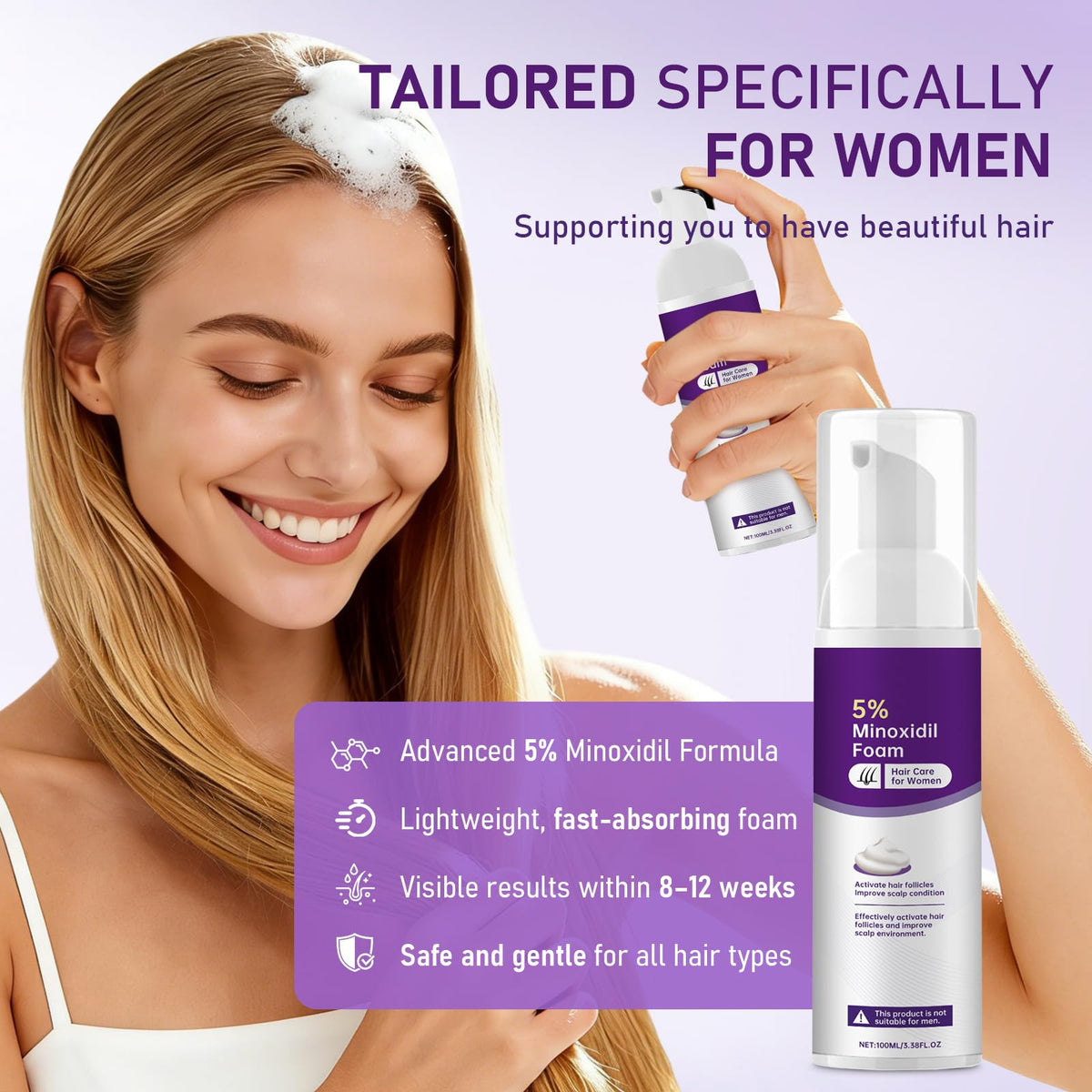 Fugit minoxidil foam women two-bottle pack highlight value for ongoing treatment.