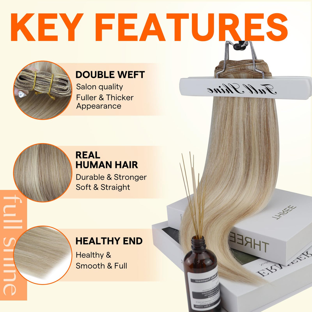Full Shine ash blonde highlight weft adds depth for personalized styling.