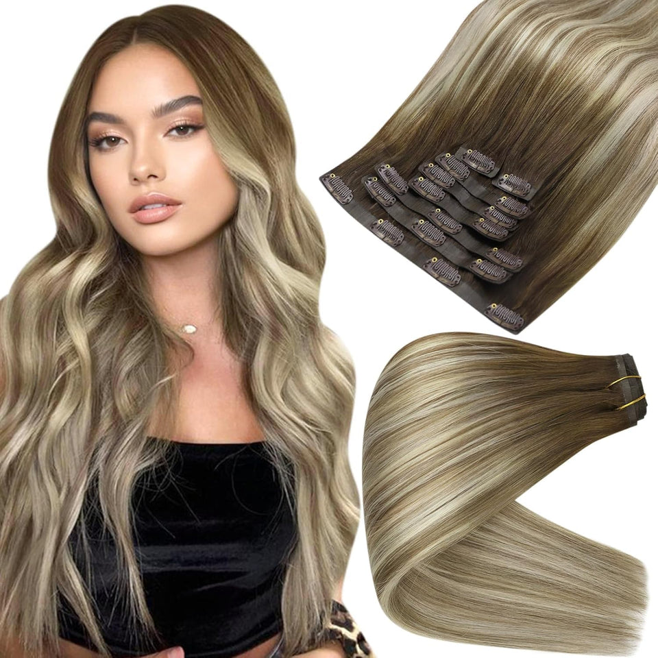 Full Shine Balayage clip-in extensions in brown ombre for natural color blend and added volume.