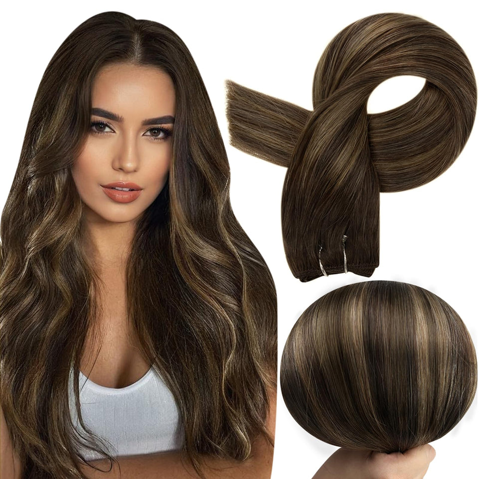 Full Shine balayage dark brown weft in straight texture for natural volume.