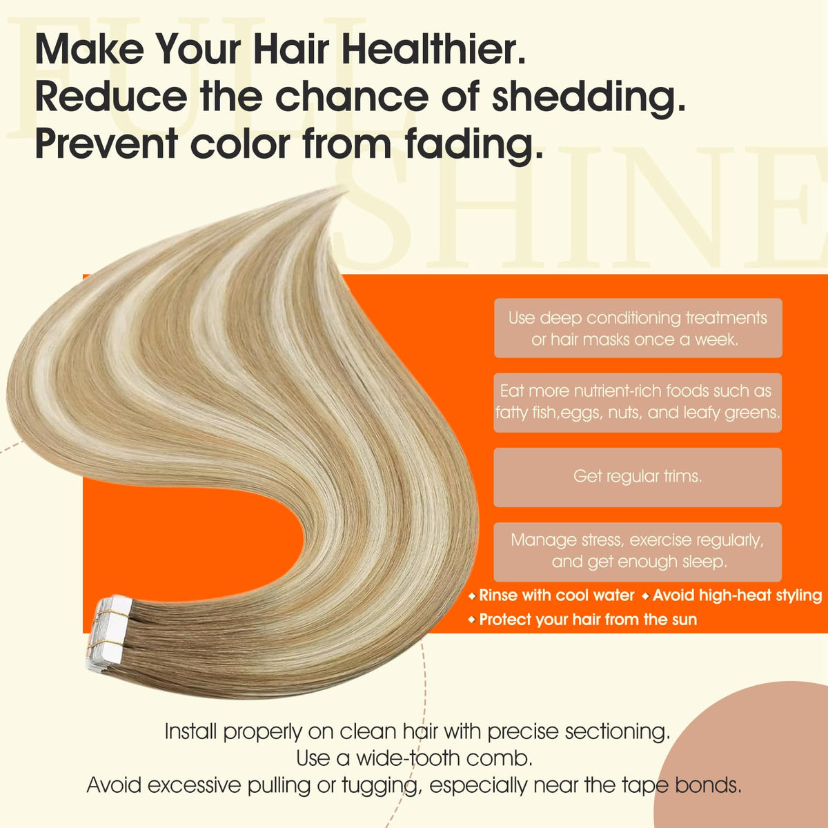 Full Shine blonde Remy hair tape-in extension close-up