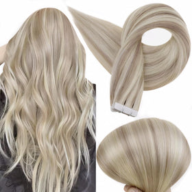 Full Shine Blonde Tape-In Extensions show compact packaging for easy at-home or salon use.