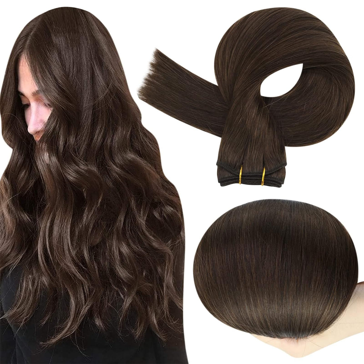 Full Shine brown weft extensions show added length and volume.