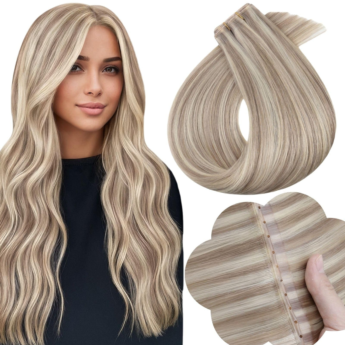 Full Shine butterfly weft 18in ash blonde highlight adds natural length and soft texture.