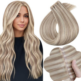 Full Shine butterfly weft 18in ash blonde highlight adds natural length and soft texture.