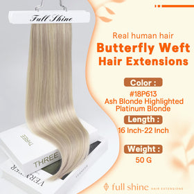 Full Shine butterfly weft 18in bleach blonde base blends with lightened hair seamlessly.