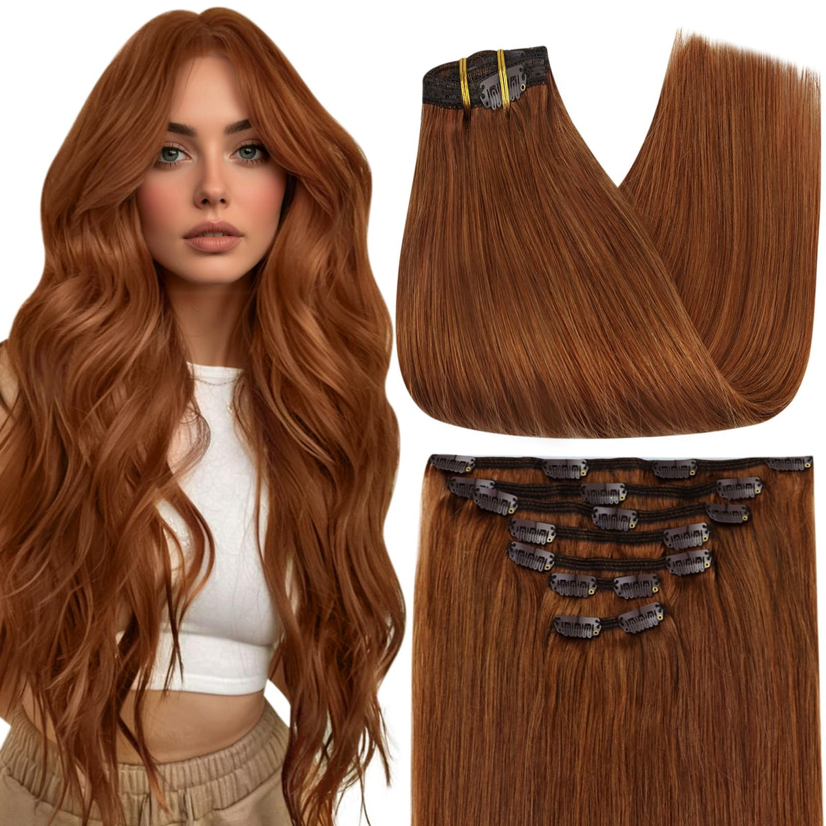 Full Shine clip-in extensions in 24in copper red straight for natural-looking length