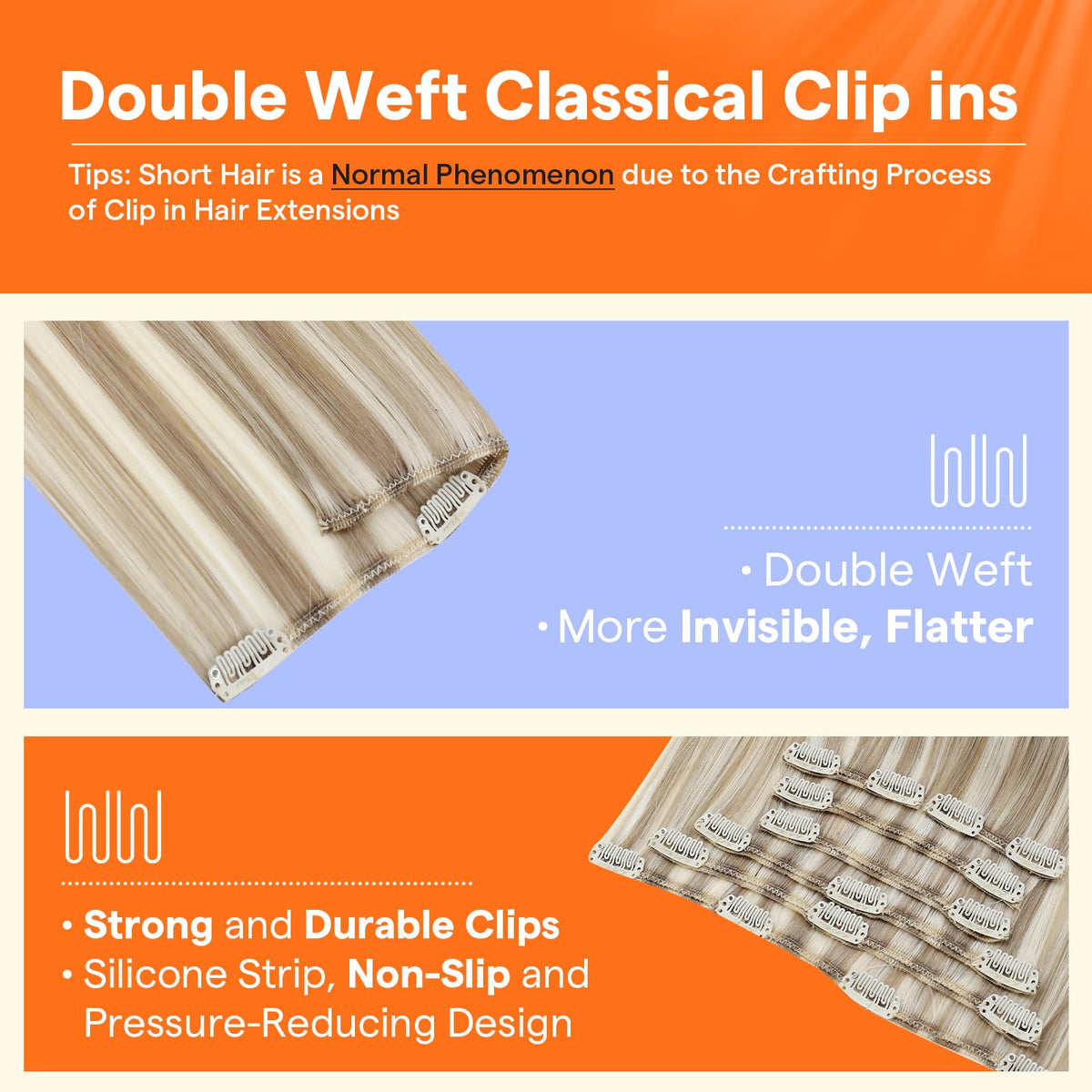 Full Shine Double Weft Clip-Ins for lightweight durability and reduced shedding