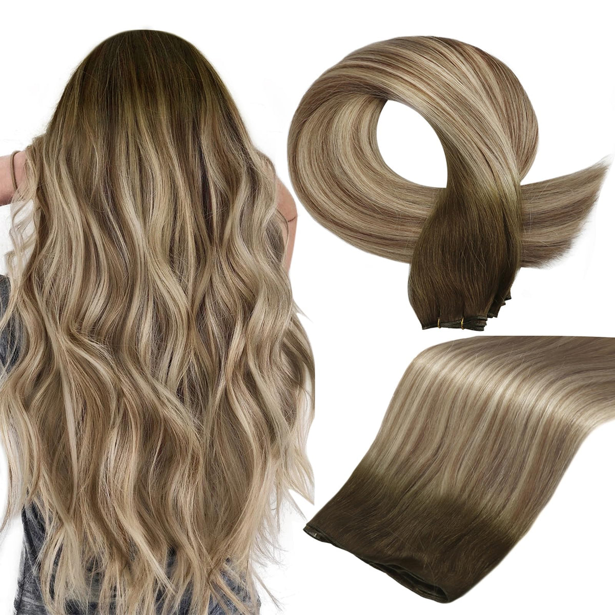 Full Shine Genius Weft close-up showing natural blend with Remy hair.