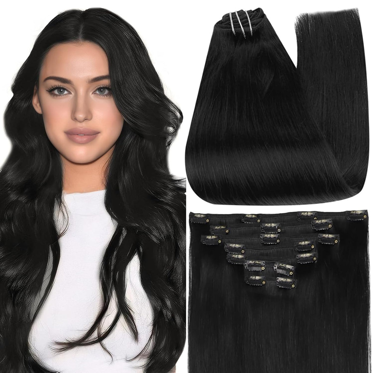 Full Shine jet black clip-in extensions in 22 inches for a seamless blend.