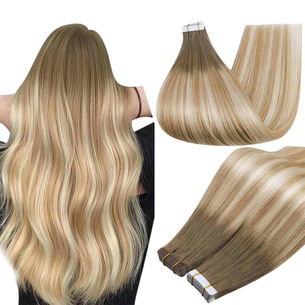 Full Shine Ombre Blonde tape-in extension pack opening, showcasing the product contents