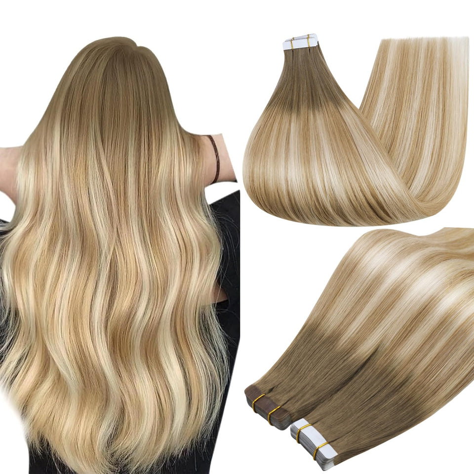Full Shine Ombre Blonde tape-in extension pack opening, showcasing the product contents