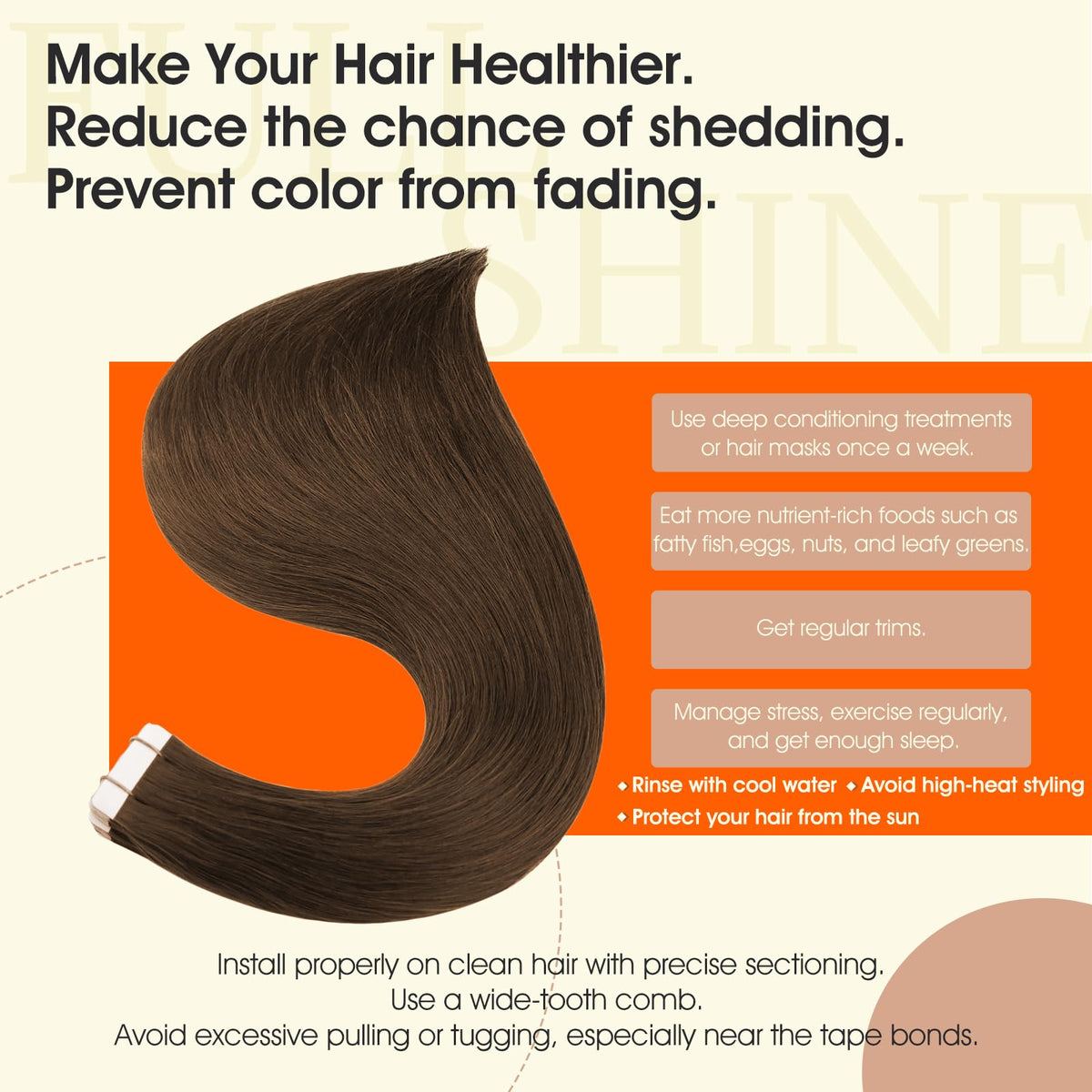 Full Shine seamless skin weft tape-in for a flat, invisible finish.