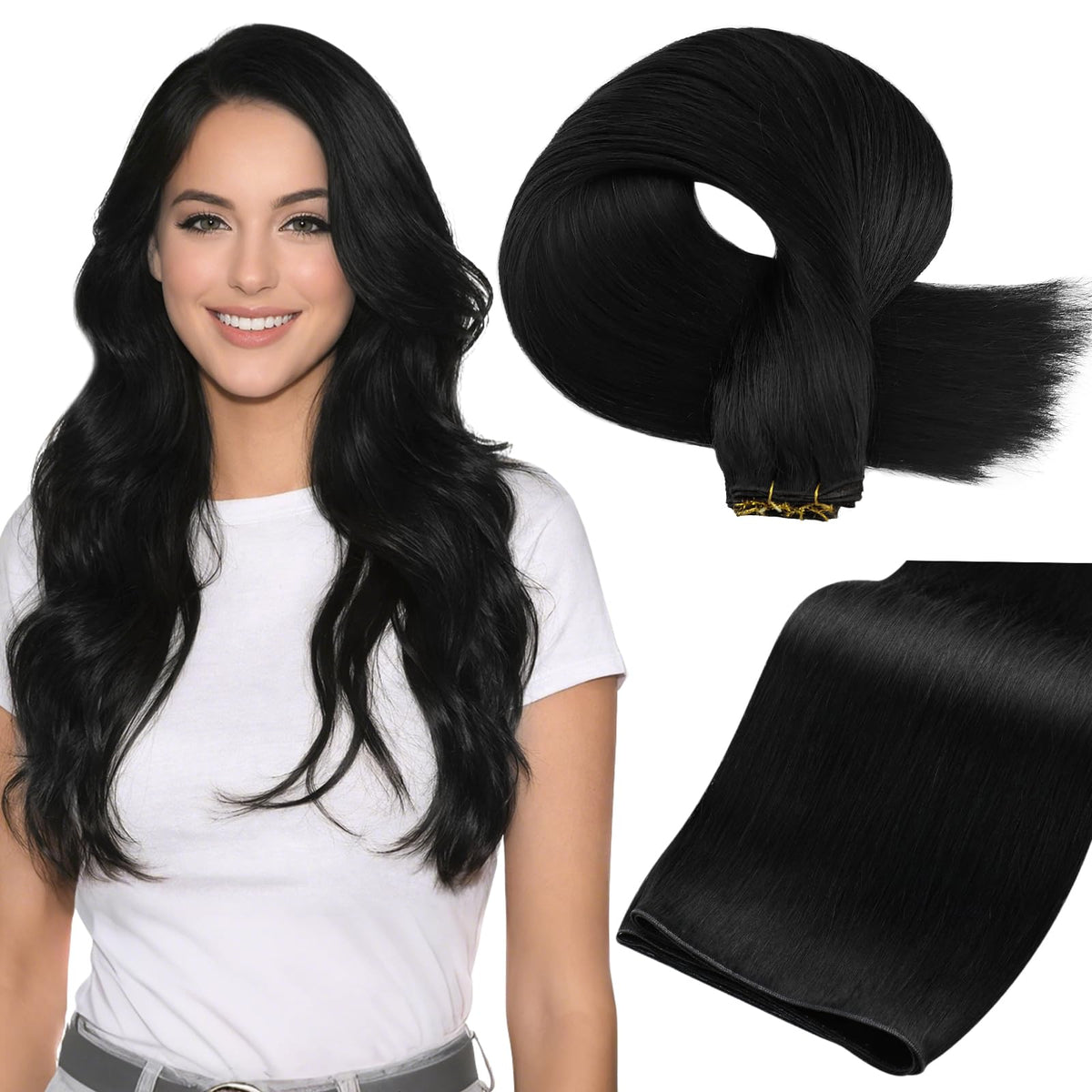 Full Shine sew-in hand-tied weft 22in jet black for natural volume.