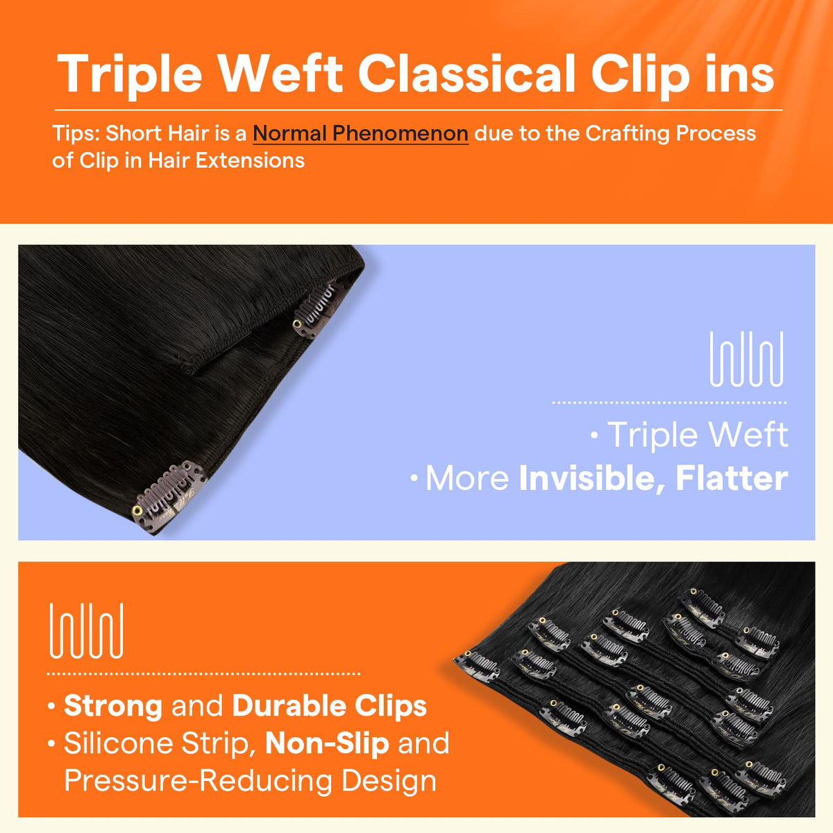 Full Shine lightweight clips with soft rubber backing protect scalp comfort.