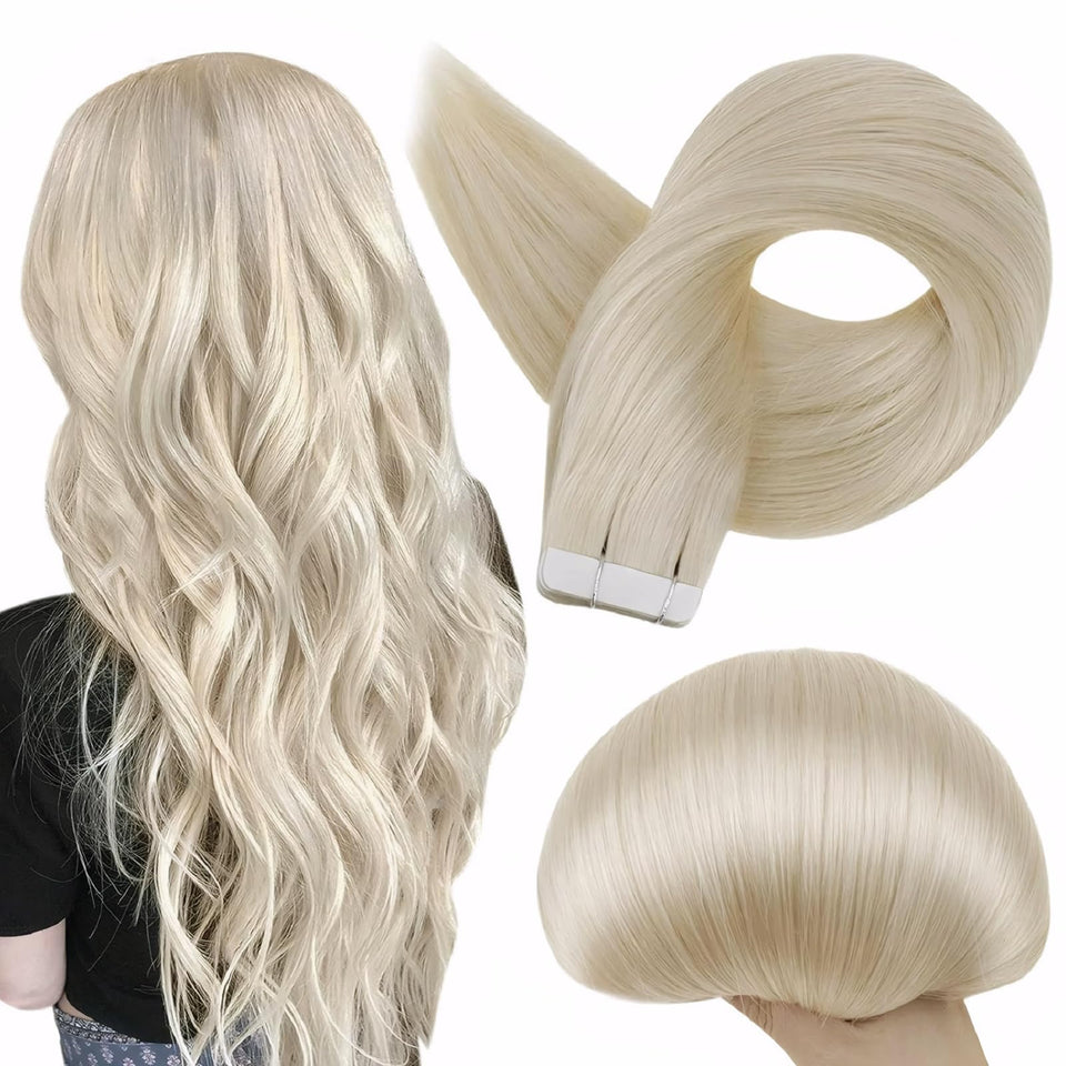 Full Shine tape-in Brazilian hair platinum-blonde 14-inch skin weft for seamless volume.