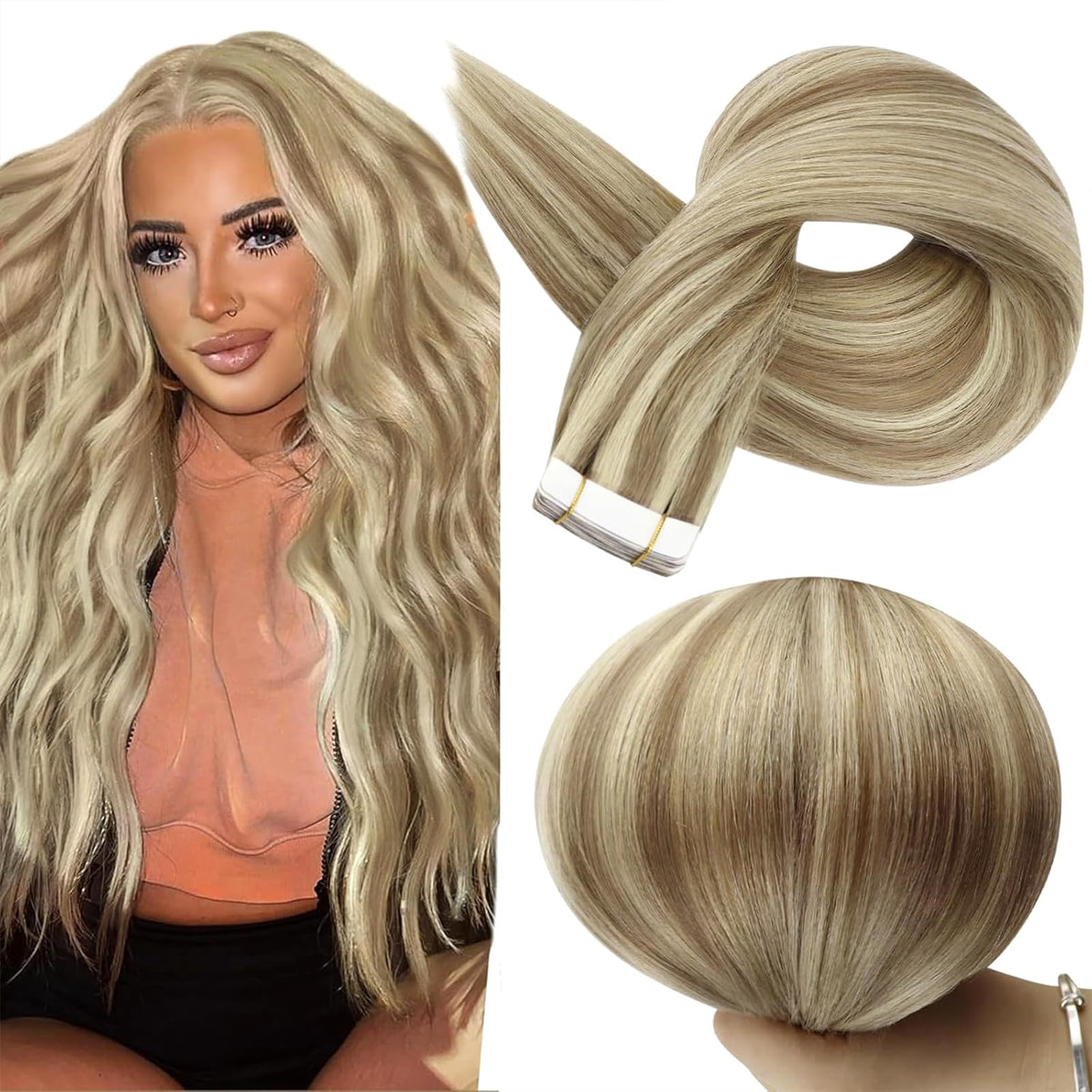 Full Shine tape-in extensions in 18-inch blonde for natural length and seamless blend.