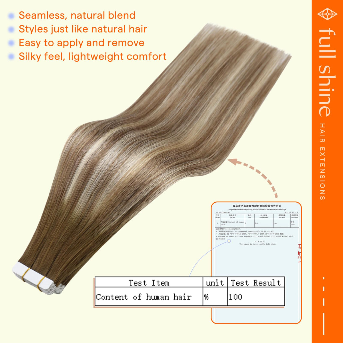 Full Shine Remy hair close-up shows natural ash brown highlight texture.