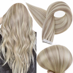 Full Shine tape-in extensions 18in blonde highlight provide a natural seamless blend.