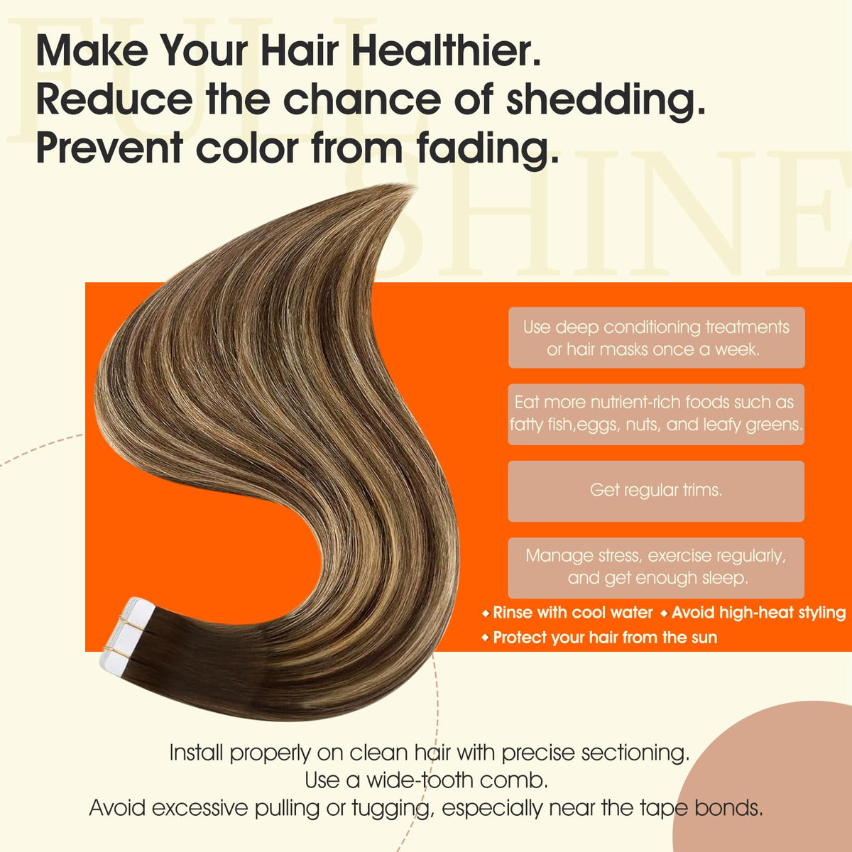 Full Shine balayage 4-24-4 color tape-ins for natural-looking color blend.