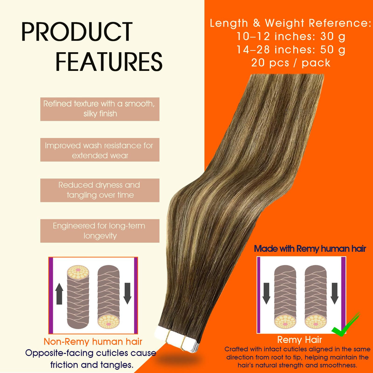 Full Shine Remy hair tape-ins with aligned cuticles reduce tangling for smoother styling.