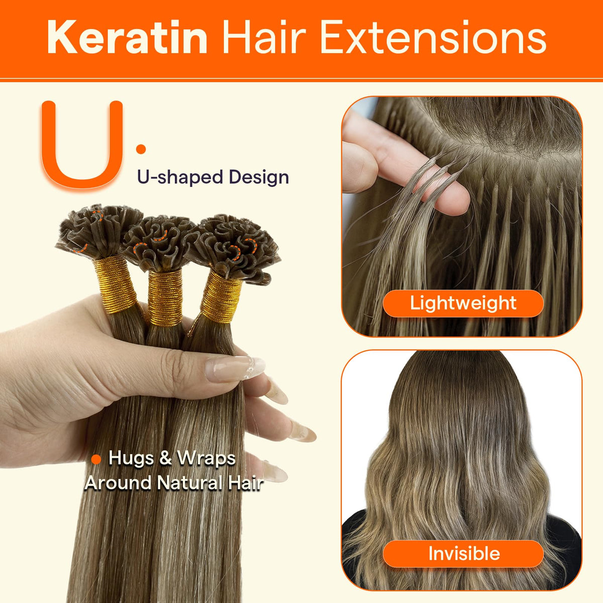 Full Shine U Tip extensions showing aligned cuticles for tangle-free wear.