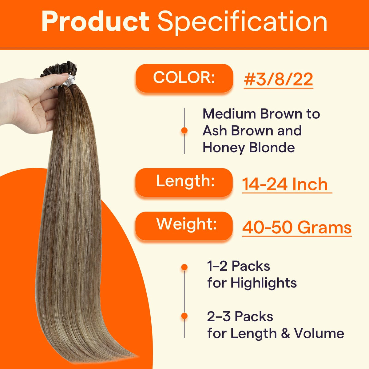 Full Shine U Tip extensions lightweight, strand-by-strand application for comfort.