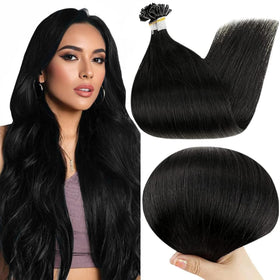 Full Shine U Tip extensions packaging showing jet-black 22-inch hair