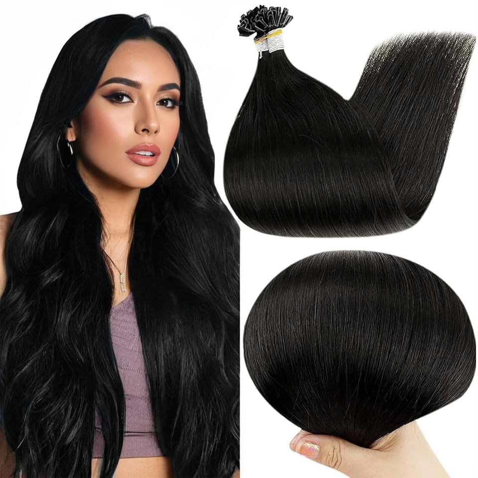 Full Shine U Tip extensions packaging showing jet-black 22-inch hair