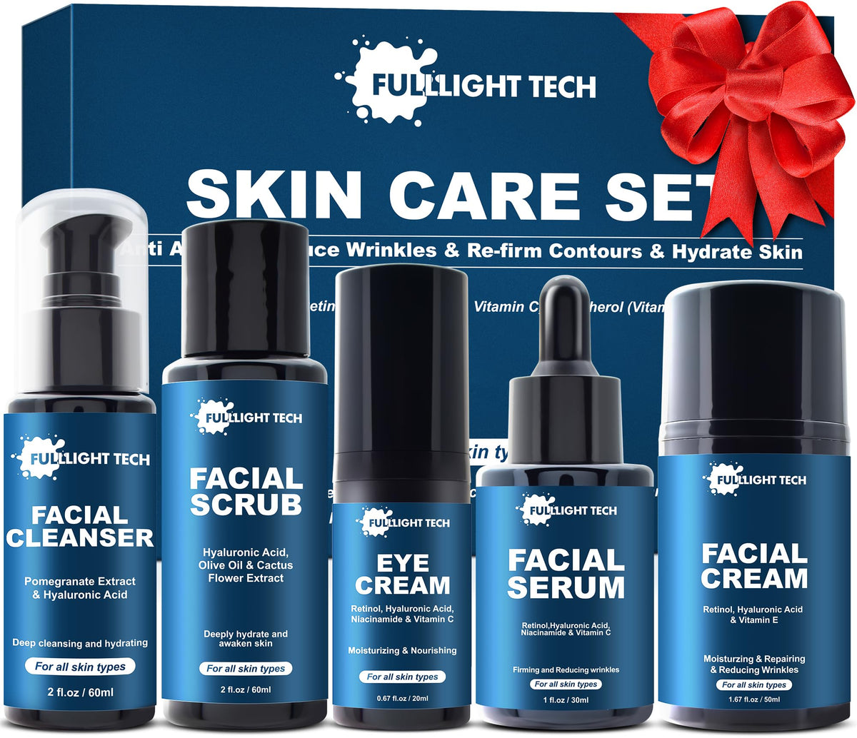 FullLight Tech skin care men set packaging on a dresser, ideal gift presentation.