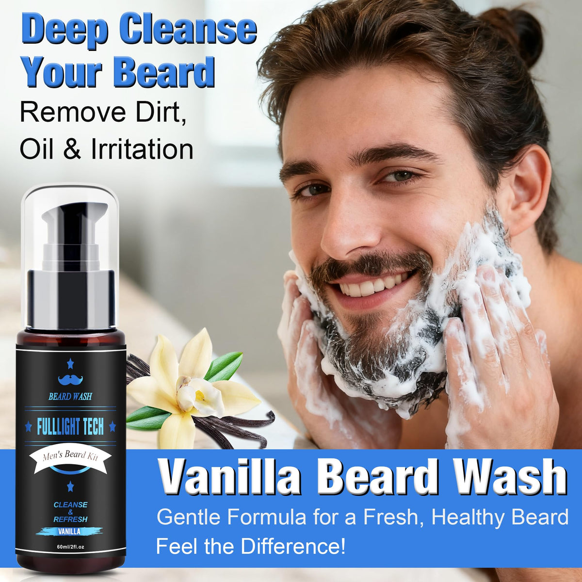 Vanilla beard oil bottle for nourishing fragrance and manageability.